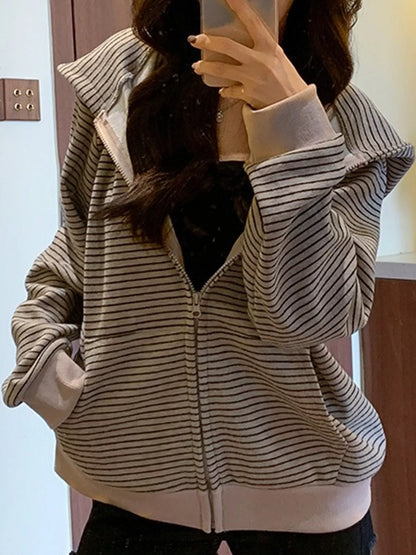 Striped Zip-Up Hoodie - Apricot - View 6