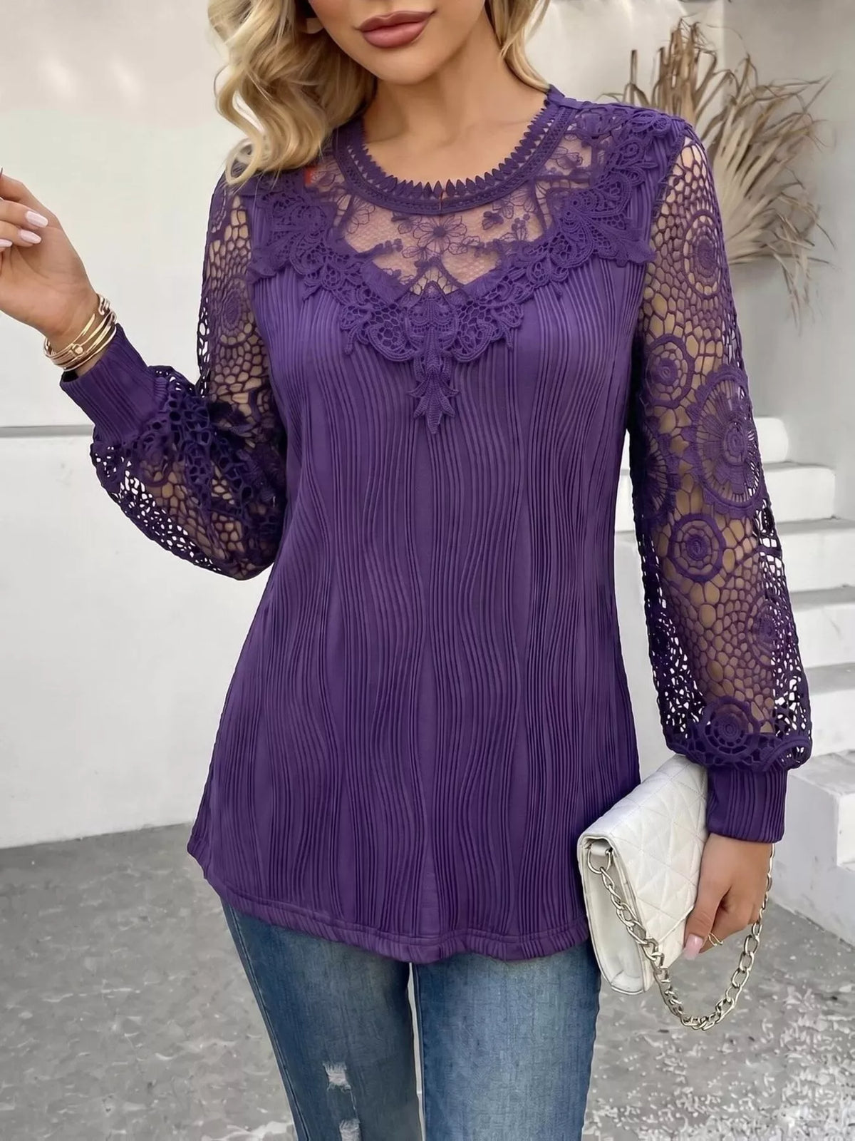 Lace Patchwork Long Sleeve Blouse - Orange - View 4