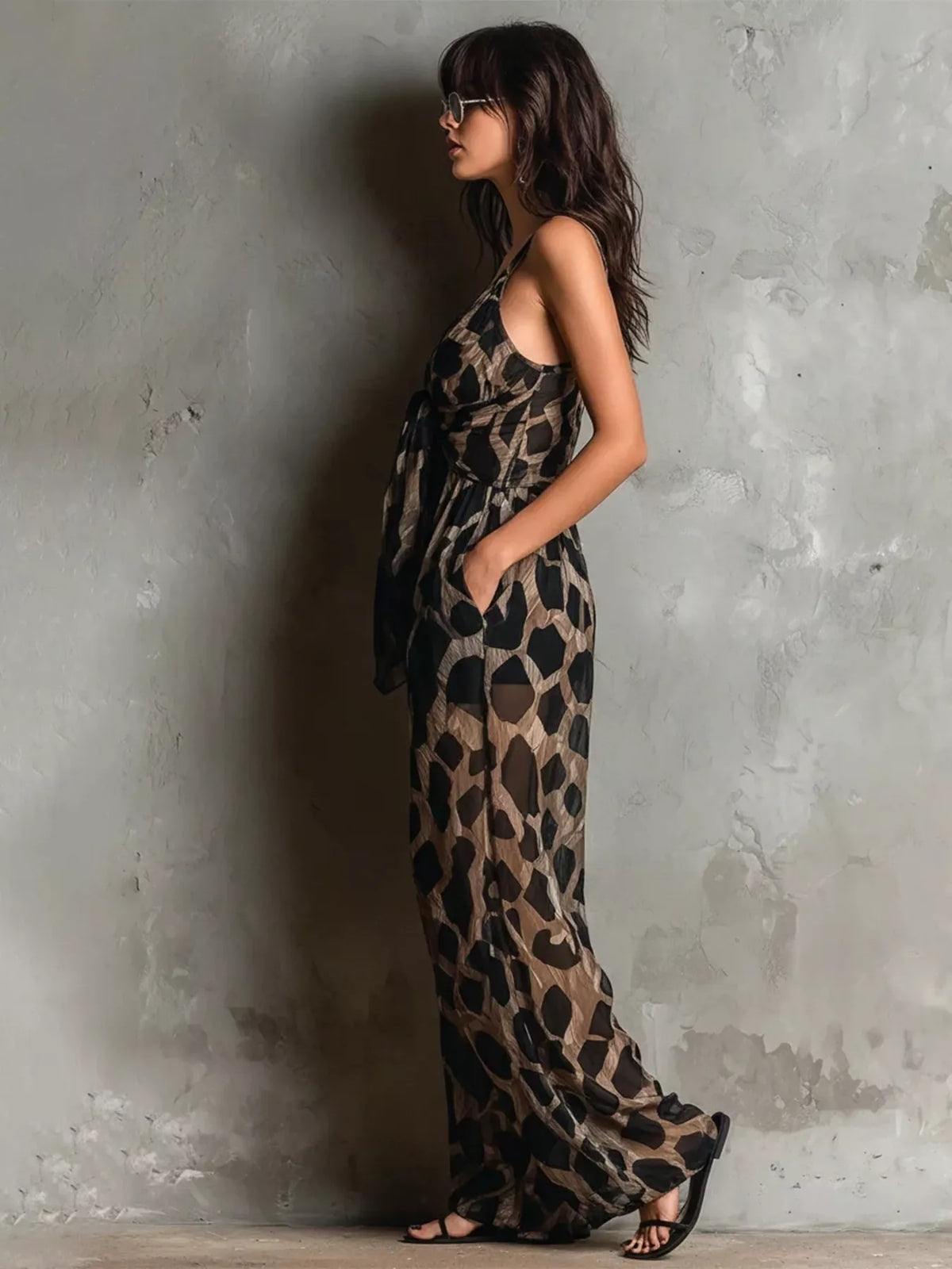 Leopard Front Tie Detail Wide-Leg Jumpsuit - Taupe - View 3