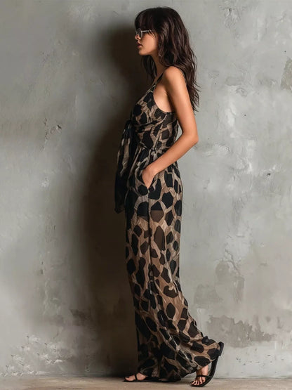 Leopard Front Tie Detail Wide-Leg Jumpsuit - Taupe - View 3