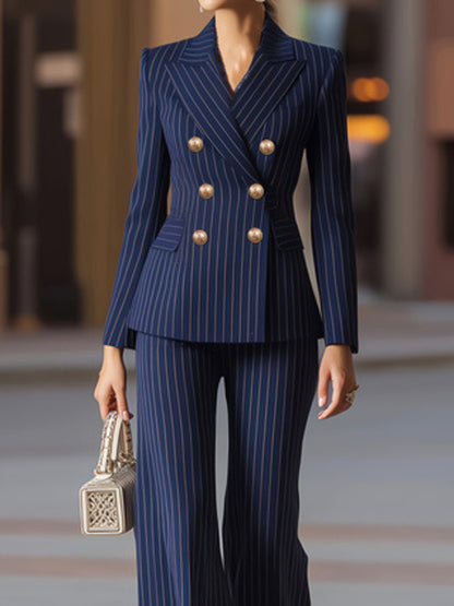 Striped Double-Breasted Blazer & Wide Leg Pants Set - Blue - View 2