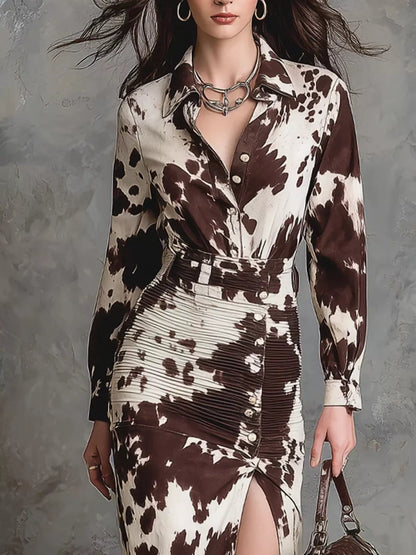 Slit Long Sleeve Shirt Dress - Coffee Brown - View 2