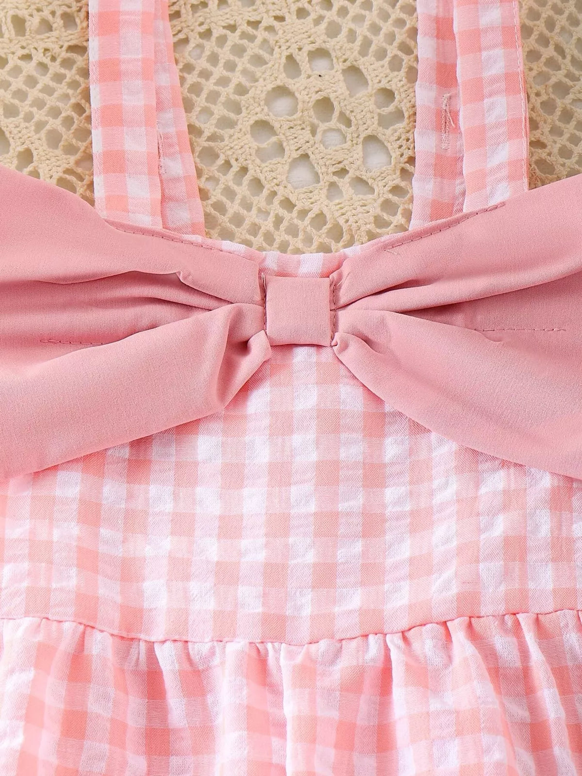 Children's Bow Plaid Wide Strap Jumpsuit - Pink - View 4