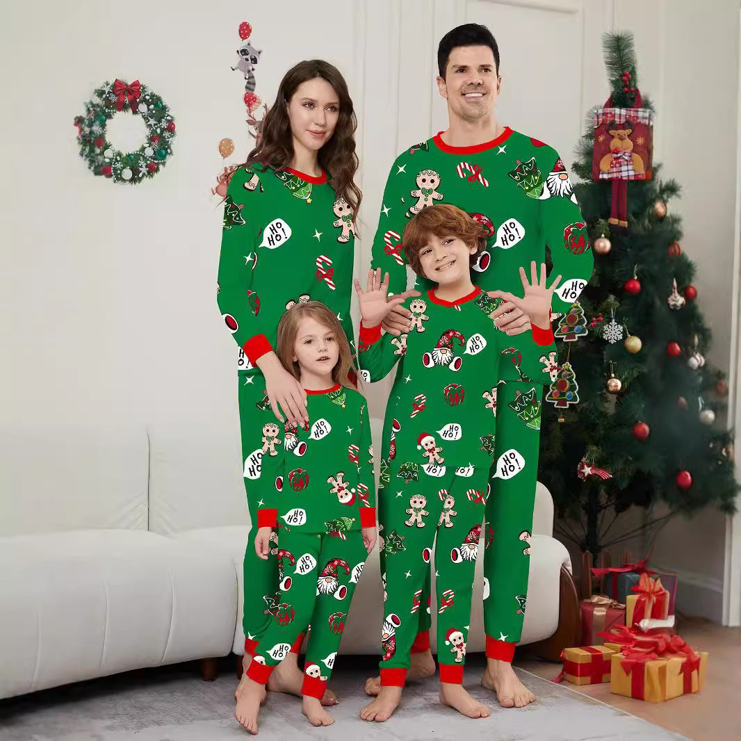 Christmas Family Matching Outfits  Gingerbread Man Print Full Floral Home Wear Green Set