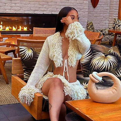French Knit Tie-Up Cardigan Long Sleeve Top amp Fashion Sexy Mini Skirt Set