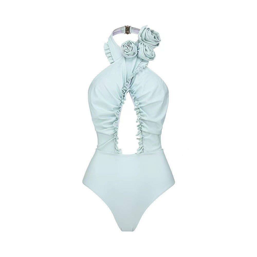French style two sets of women's swimsuits solid color flash cross hollow swimsuit for women