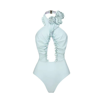 French style two sets of women's swimsuits solid color flash cross hollow swimsuit for women
