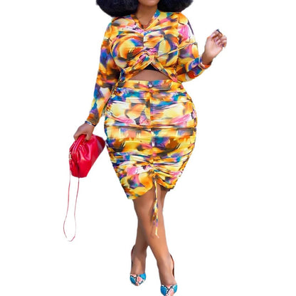 Style Plus Size Women's Long Sleeve Two-Piece Set with Irregular Elastic Printed Pleated Skirt Ensemble