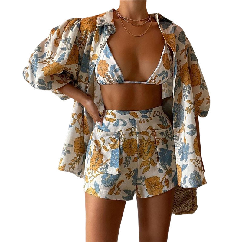 Women's Shirt + Strap Tank Top + Shorts Three-Piece Set