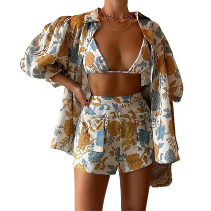 Women's Shirt + Strap Tank Top + Shorts Three-Piece Set