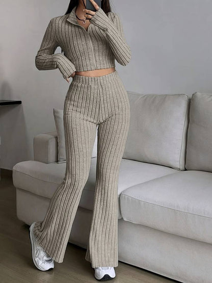 Fashion Solid Ribbed Two-Piece Set, Zip-Up Long Sleeve Cropped Top and High-Waisted Flared Pants Set, Women's Casual
