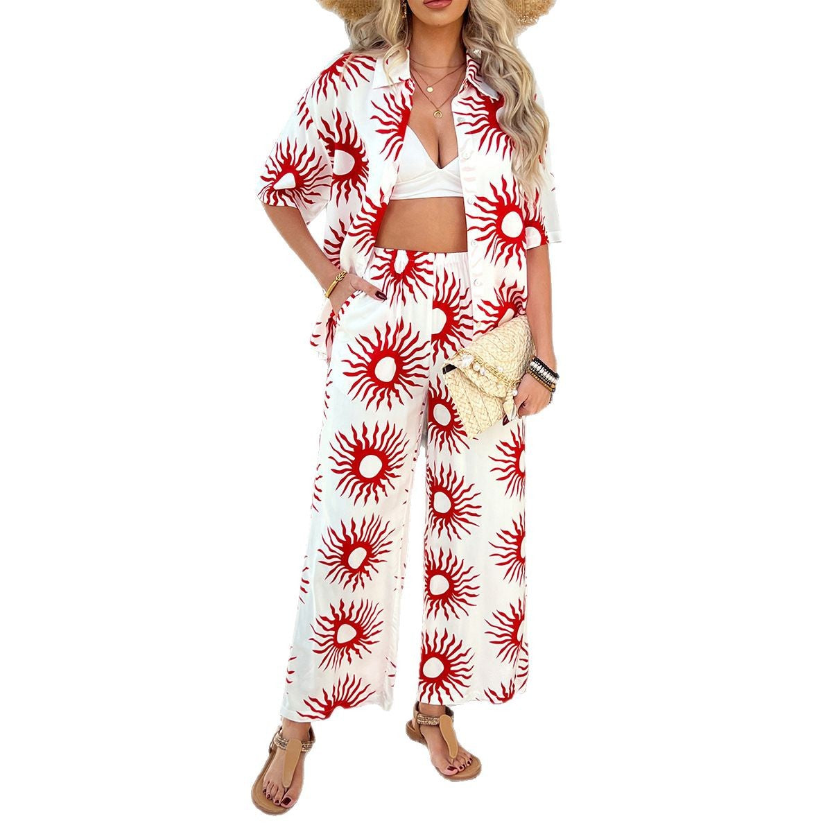 Casual Bohemian color blocking printed wide leg pants set for women