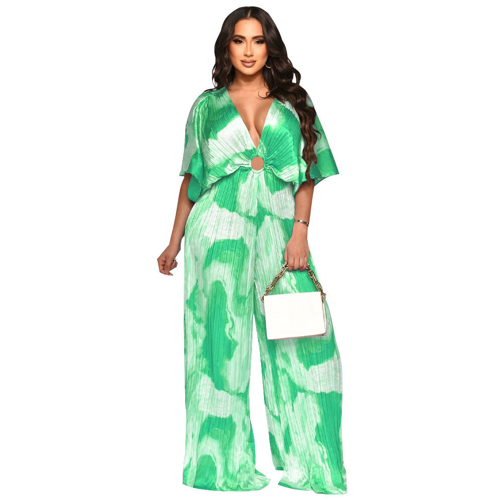 V-neck pleated jumpsuit for women