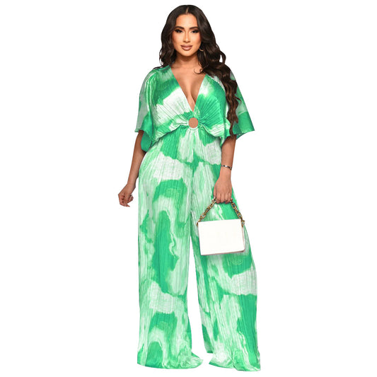 V-neck pleated jumpsuit for women