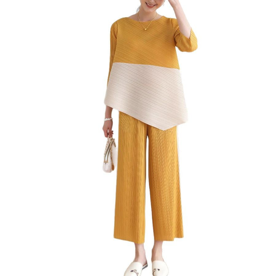Fashionable Loose Irregular T-Shirt and Nine-Quarter Pants Set with Pleated Design, Comfortable and Slimming for Summer