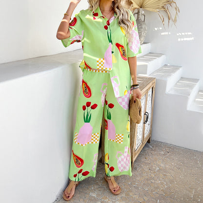 Casual Bohemian color blocking printed wide leg pants set for women