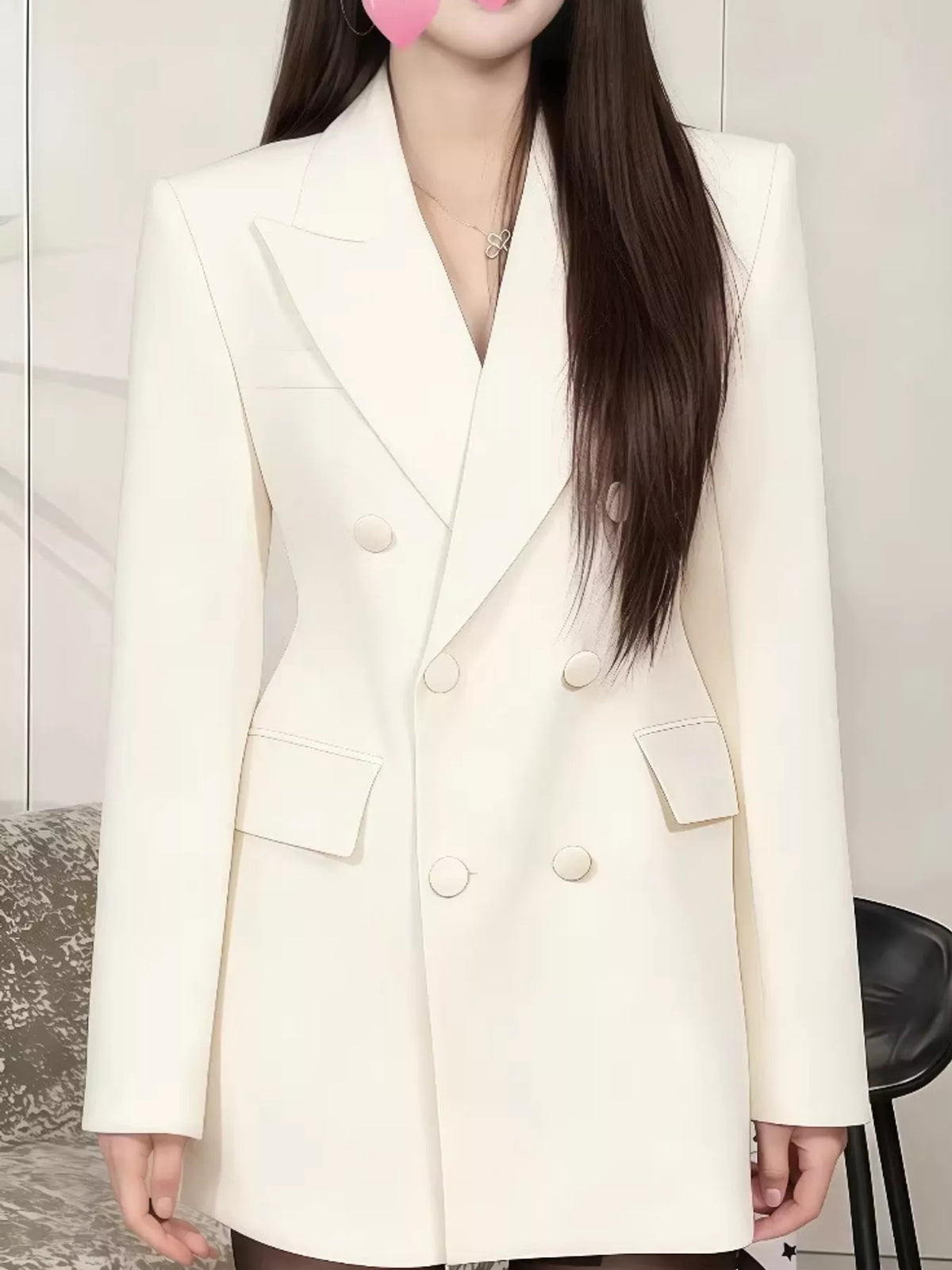 Full Size Double-Breasted Slim-Fit Blazer Plus Size - Off White - View 1