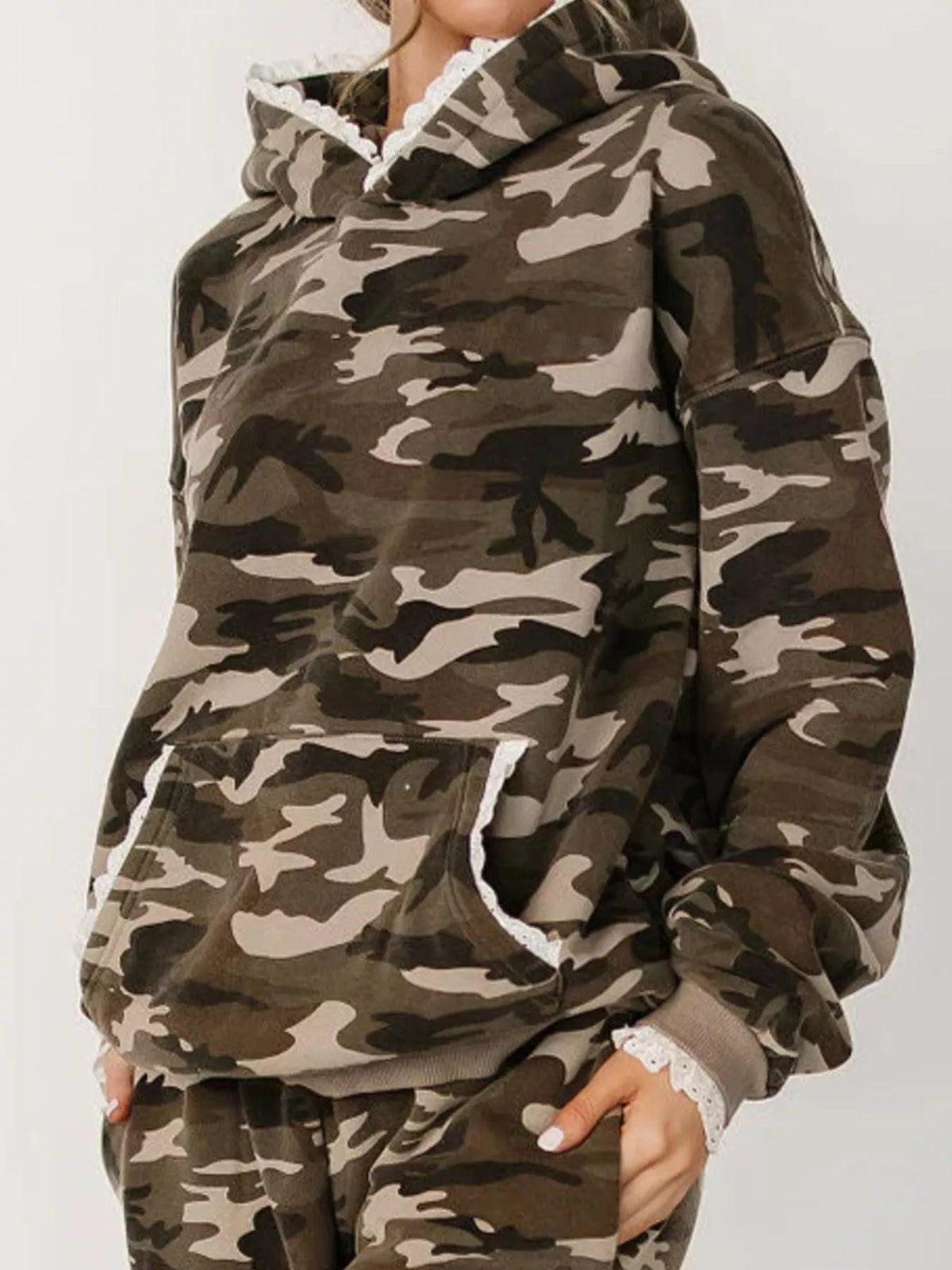 Lace Trim Kangaroo Pocket Hoodie - Green Camouflage - View 1
