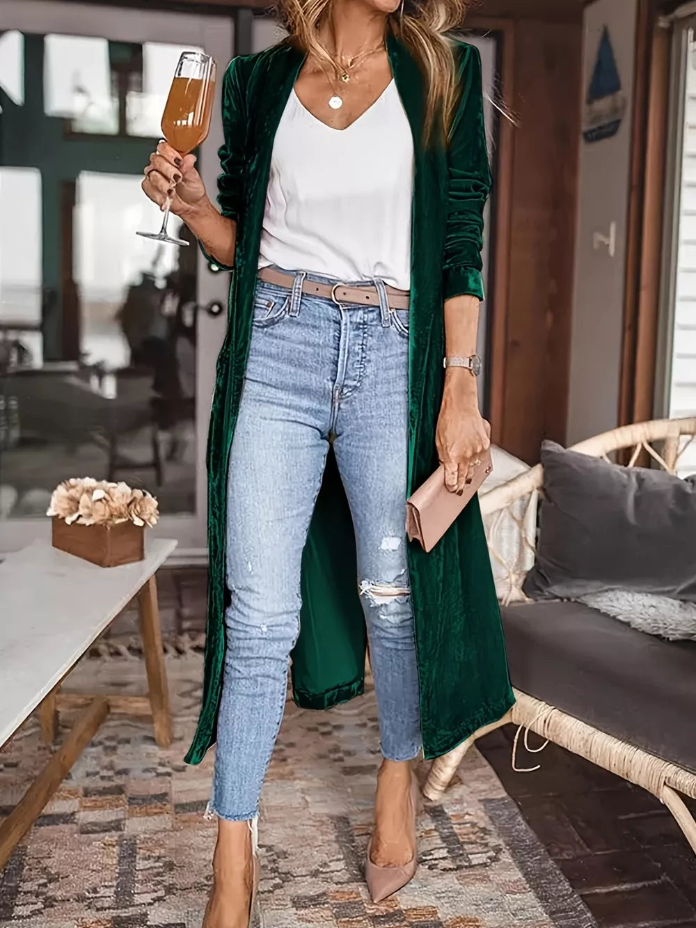 Open Front Long Sleeve Coat - Dark Green - Front View