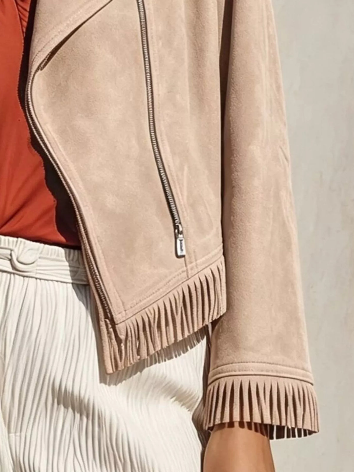 Fringe Hem Zip Up Jacket - Apricot - View 3