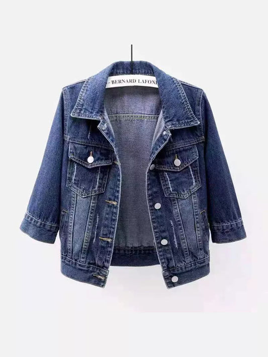 Full Size Distressed Mid-Sleeve Denim Jacket Plus Size - Blue - View 1