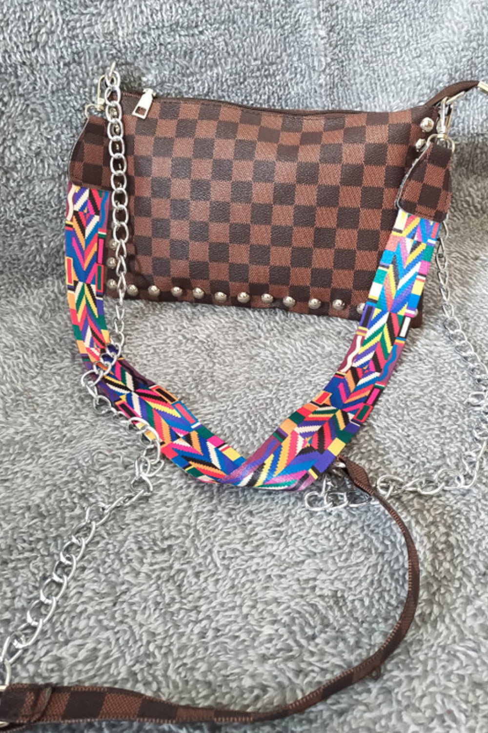 Adored PU Leather Studded Shoulder Bag - Brown - View 4