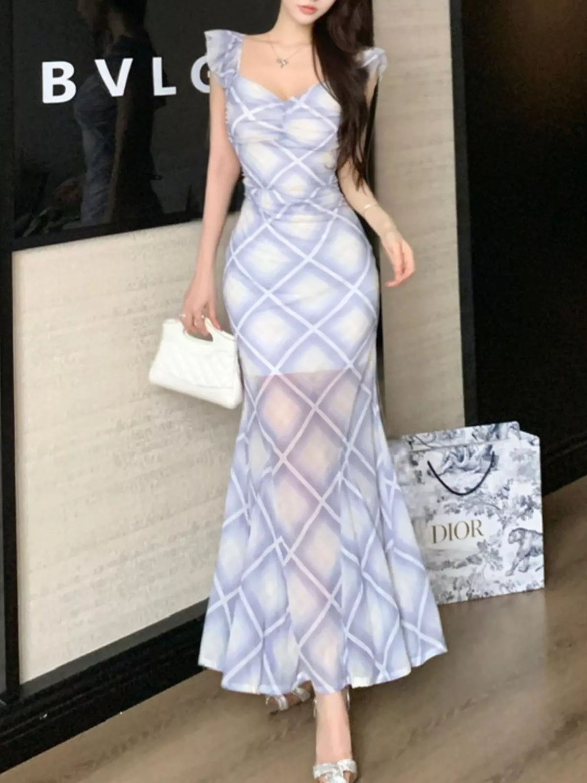 Plaid Ruffle Cap Sleeve Bodycon Maxi Dress - Blue - View 11