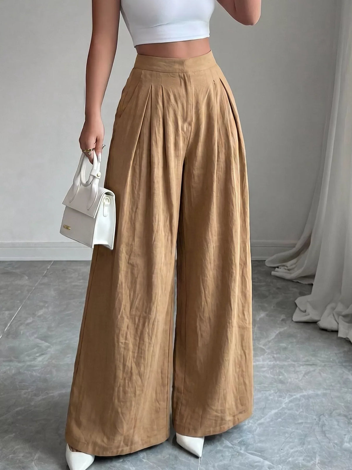 High-Waisted Pleated Wide-Leg Pants - Deep Khaki Color - View 3
