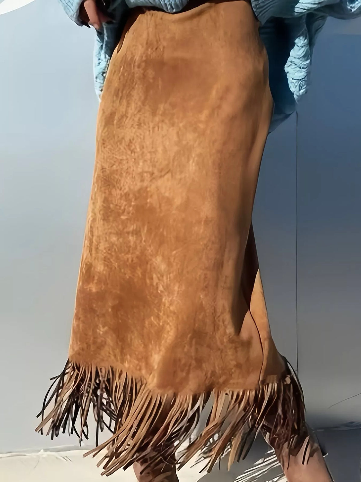 High-Waisted Fringe Midi Skirt - Light Brown - View 2
