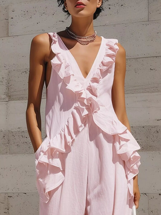 Ruffled V-Neck Sleeveless Jumpsuit - Pink - View 2