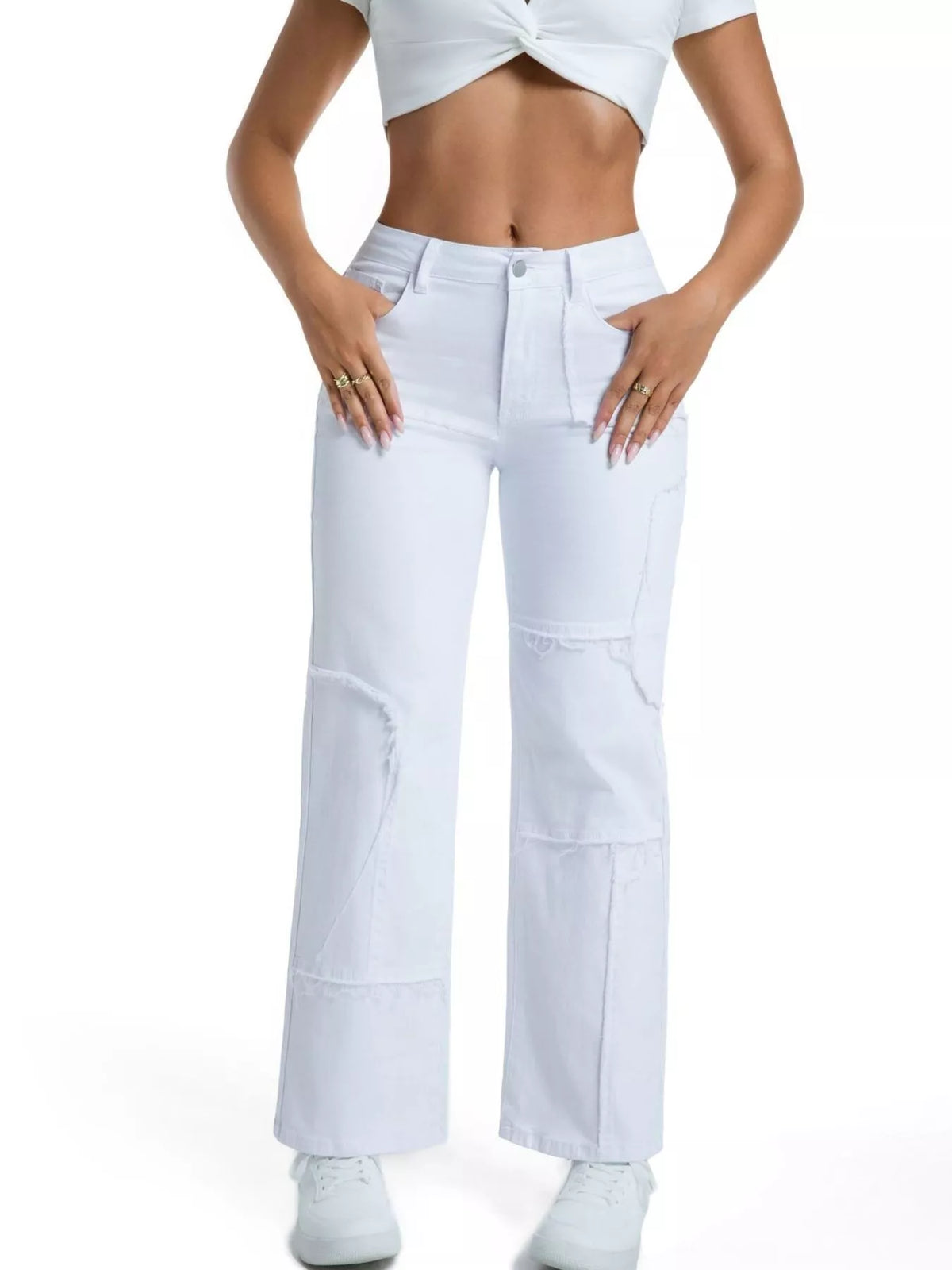 Frayed Edge Straight Leg Jeans - White - View 1