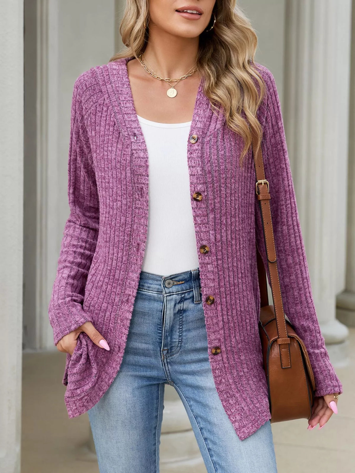 Ribbed Knit Hooded Button-Down Cardigan - Purple-red - View 3