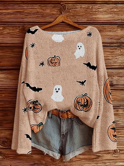 Full Size Halloween Graphic Boat Neck Sweater Plus Size - Pale Blush - View 1