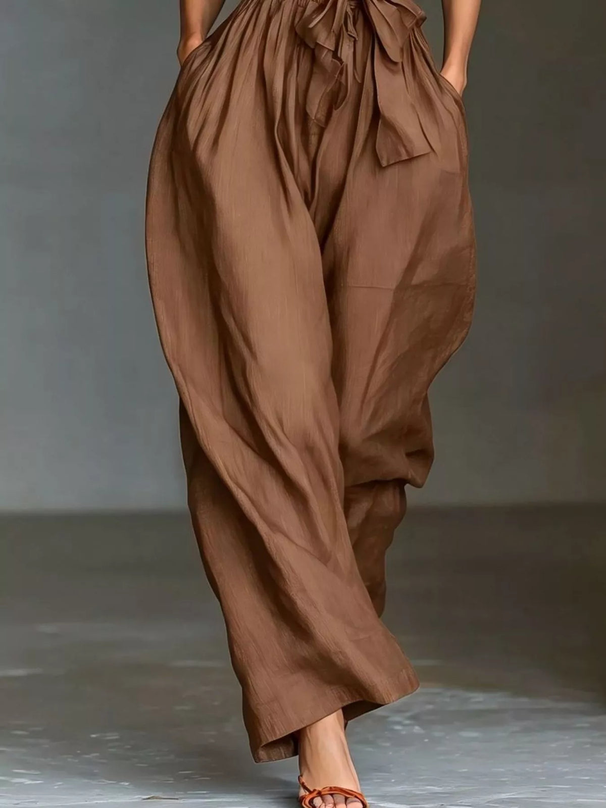 Halter Neck Wide-Leg Jumpsuit with Waist-Tie Detail - Brown - View 3