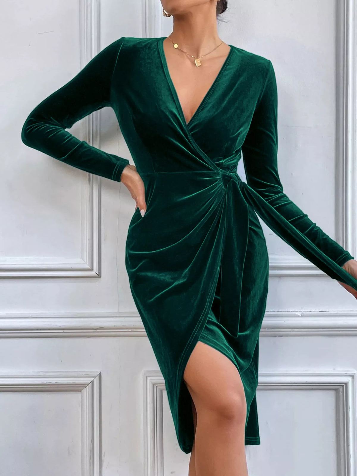 Velvet Wrap Long Sleeve Midi Dress - Dark Green - View 1