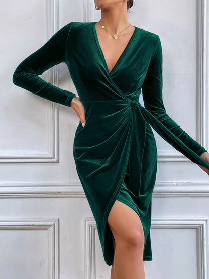 Velvet Wrap Long Sleeve Midi Dress - Dark Green - View 1