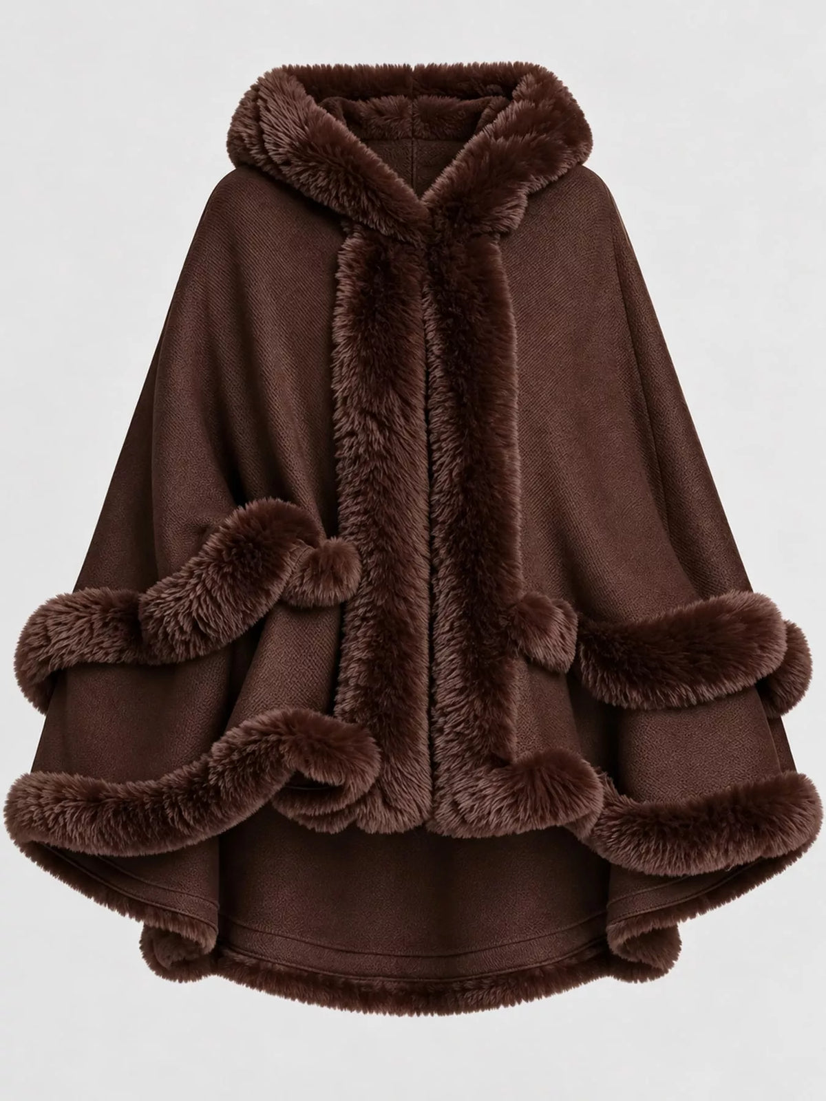 Faux Fur Trimmed Hooded Cape - Coffee - View 57