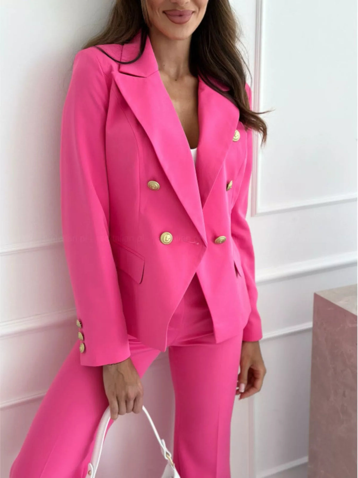 Double-Breasted Long Sleeve Blazer - Hot Pink - View 1
