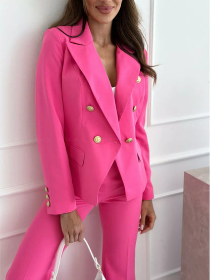 Double-Breasted Long Sleeve Blazer - Hot Pink - View 1
