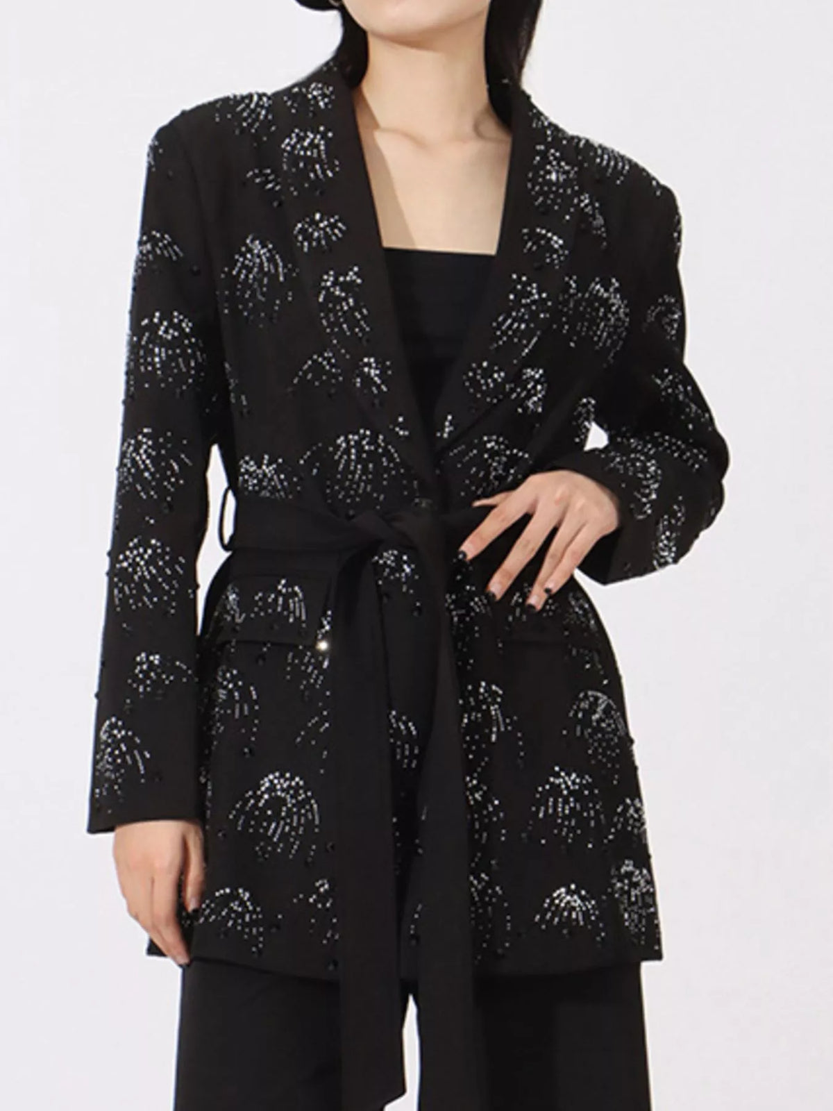 Rhinestone Button Down Long Sleeve Blazer - Black - View 1