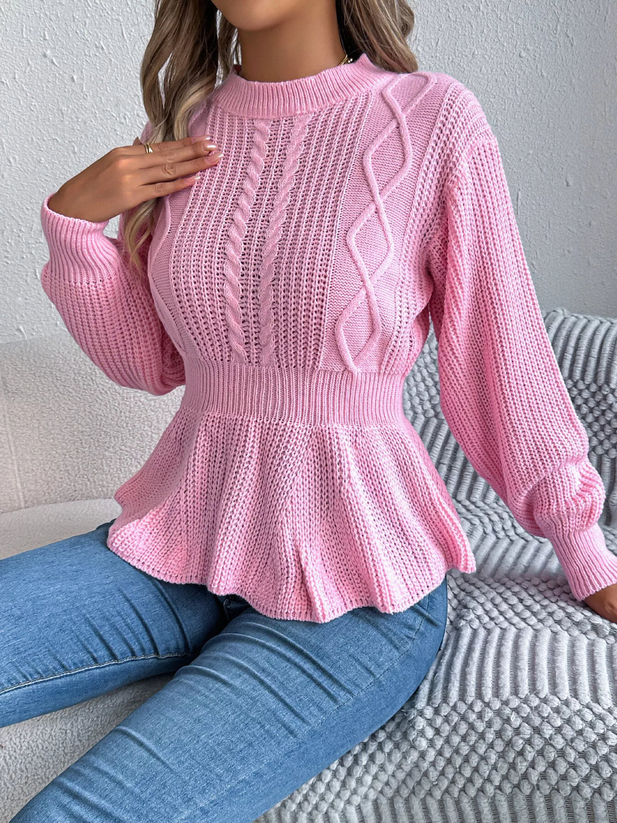 Cable Knit Peplum Sweater - Fuchsia Pink - View 4