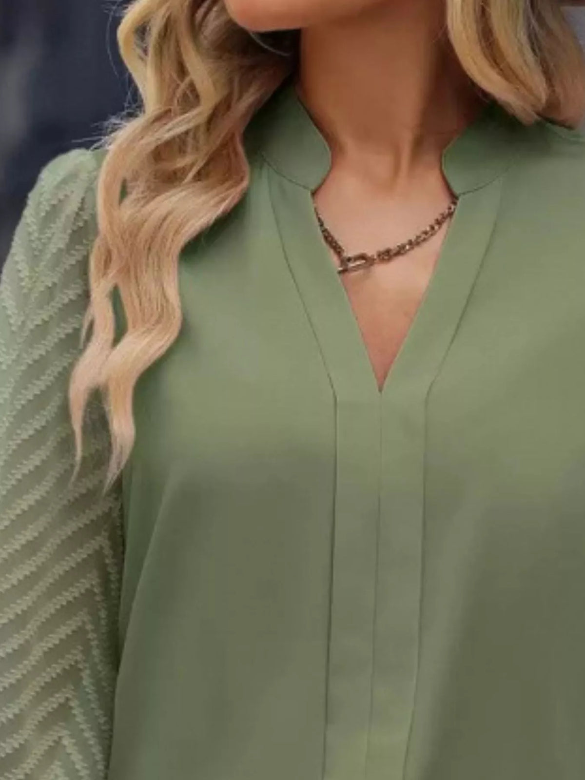 Notched Long Sleeve Blouse - Green - View 14