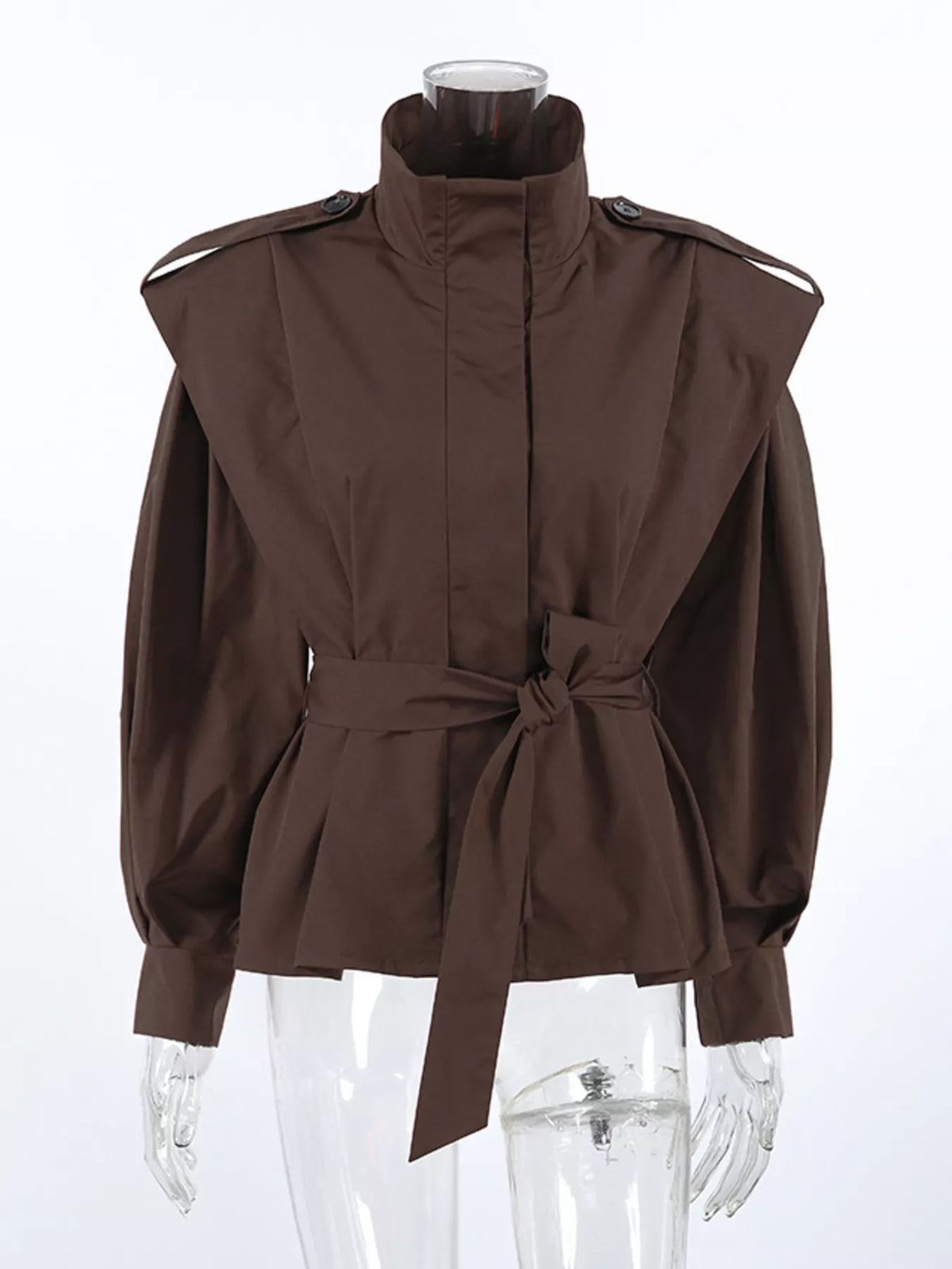Stand-Collar Belted Outerwear - Brown - View 8