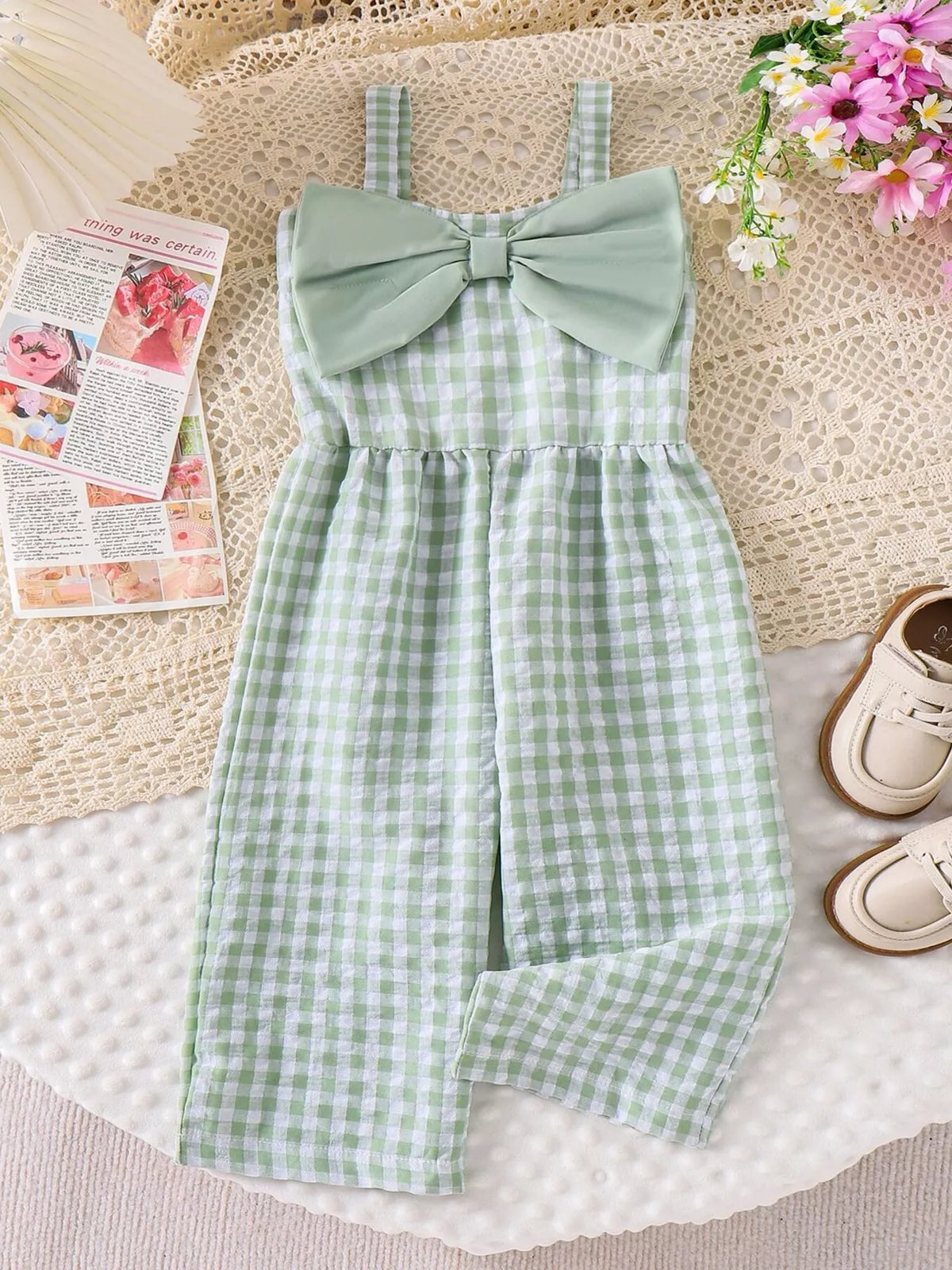 Children's Bow Plaid Wide Strap Jumpsuit - Green - View 7