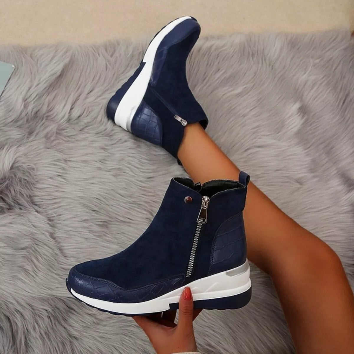 Side Zipper Ankle Boots - Blue - View 13