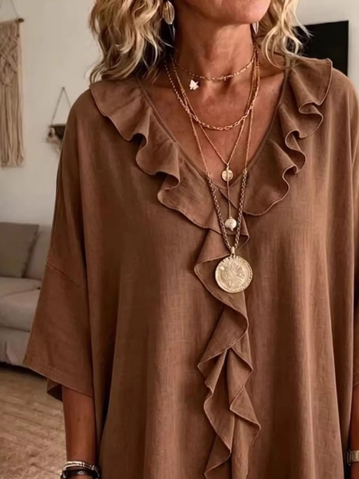 Full Size Ruffle V-Neck 3/4 Sleeve Blouse Plus Size - Brown - View 8