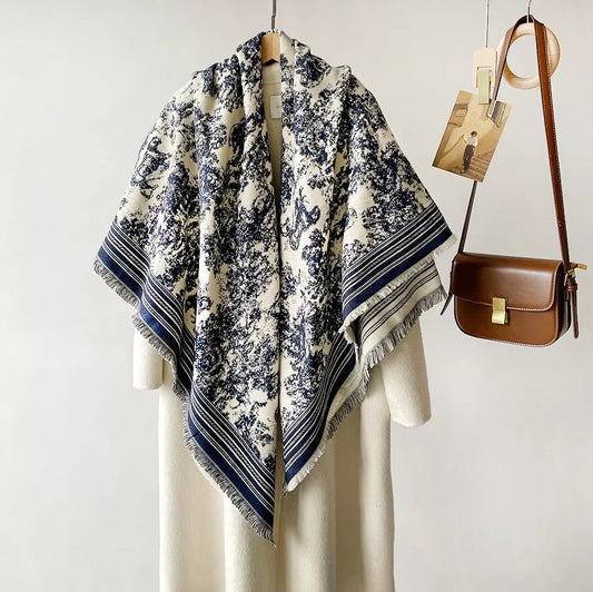 Printed Raw Hem Scarf - Peacock  Blue - View 2