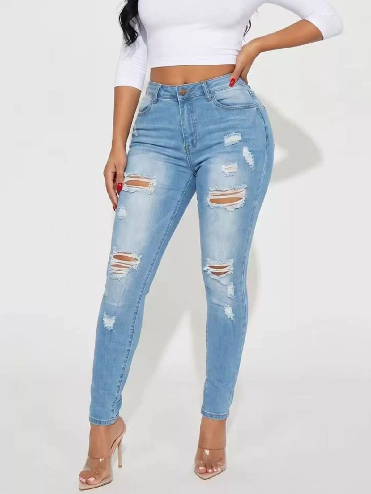 High-Waisted Distressed Skinny Jeans - Light Blue - View 1