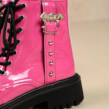 Round Toe Lace Up Boots - Fuchsia Pink - View 5