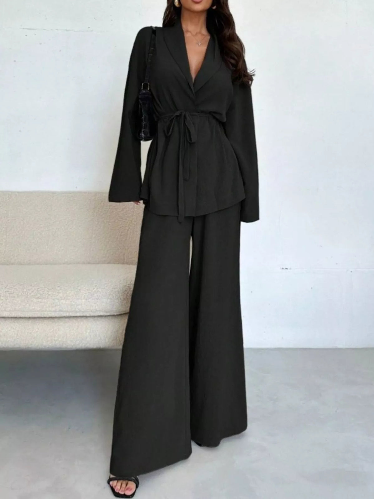 Front Tied Shirt and Wide-Leg Pants Set - Black - View 7